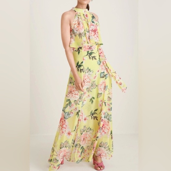 Eliza J Women’s 0 Yellow Floral Halter Pleated Popover Tiered Flowy Maxi Dress - Picture 1 of 8